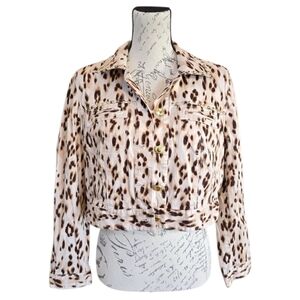 Chico's Brown Ivory Cheetah Print Cropped Button Up Trucker Jacket M
